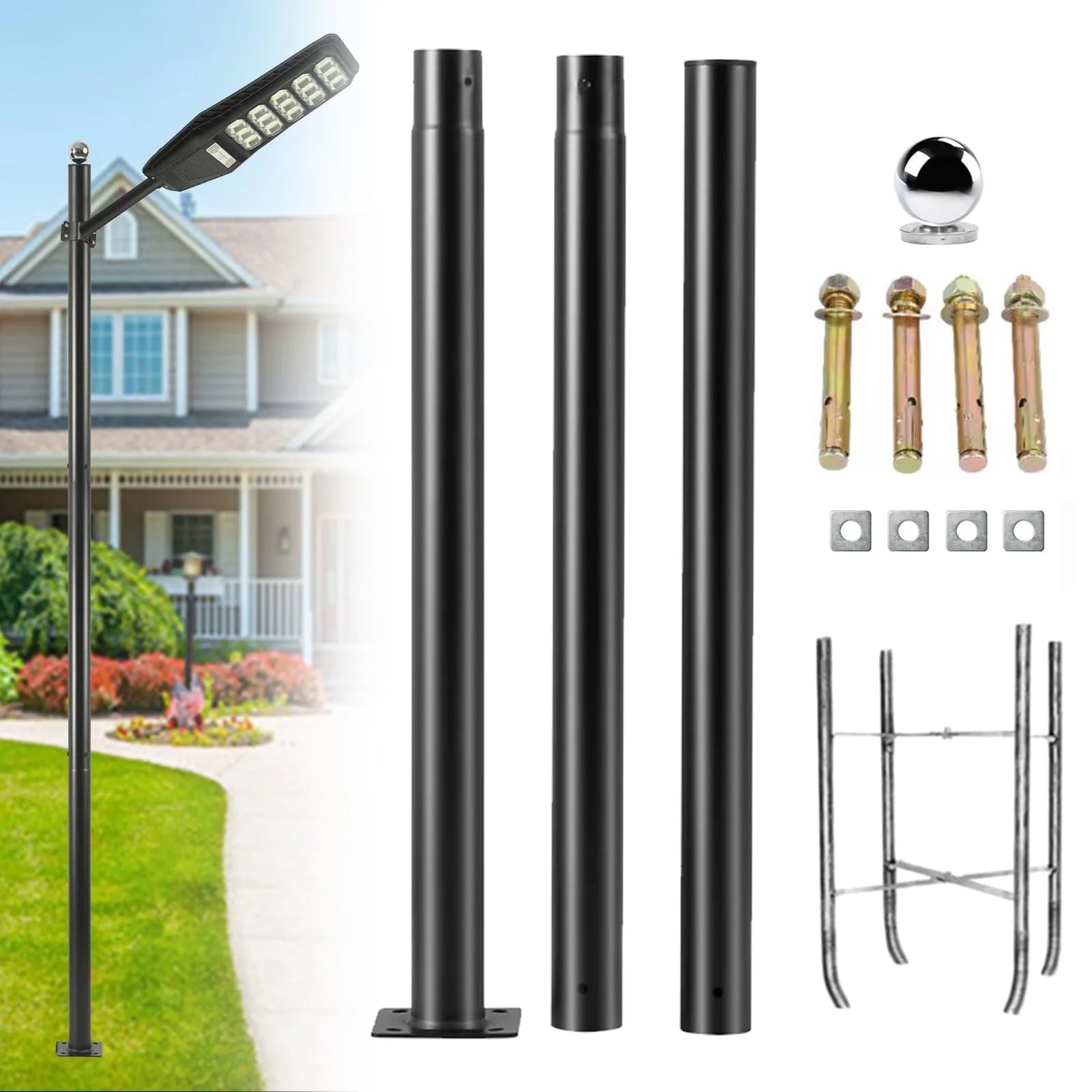 10Ft Tall Courtyard Light Pole with Rebar Cage Base Heavy Duty Street Lamp Post Weather-Resistant for Street/Parking Lots/Park