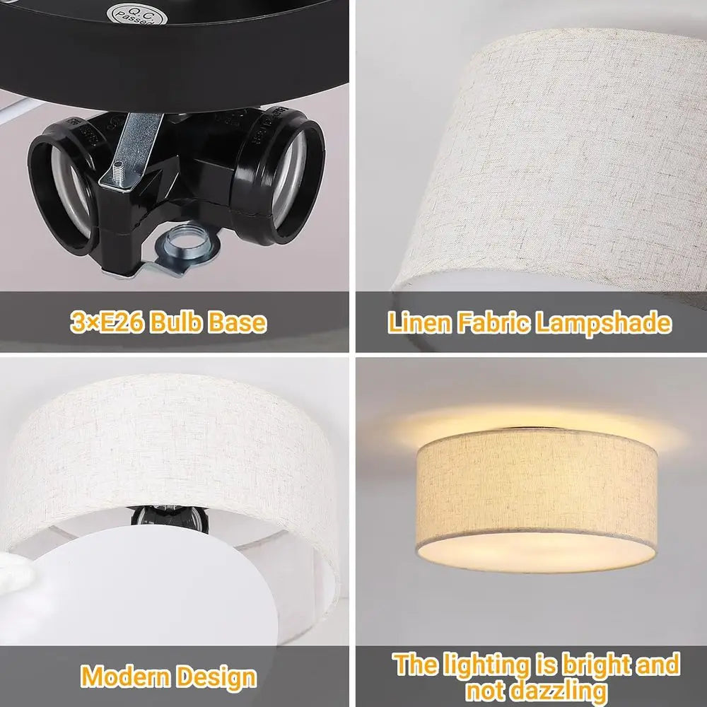 12.6 Linen Fabric Drum Shade 3-Light Semi Flush Mount Ceiling Light Fixture for Kitchen, Bedroom, Bathroom, Living Room, Hallway