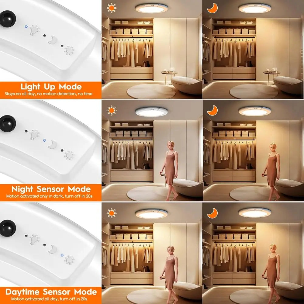 2 Pack Rechargeable Motion Sensor Ceiling Lights, Battery Operated Closet Lights with Remote, 500LM 3000K/4500K/6500K, 0.55 Ultr