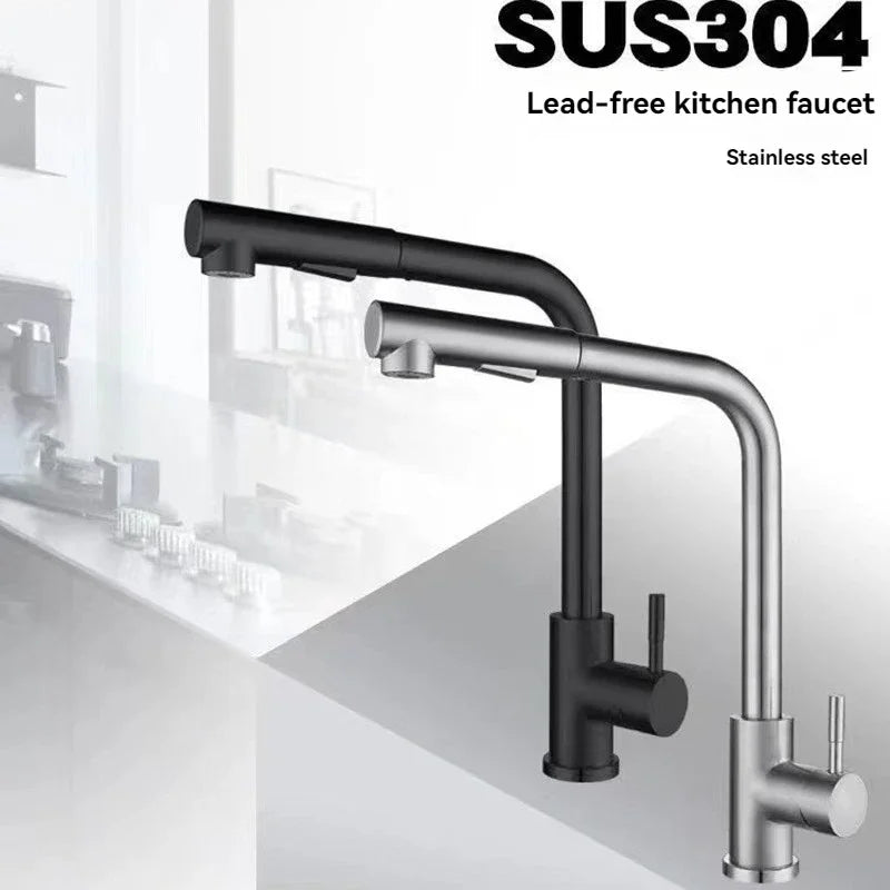 Free Shipping Black Pull Out Kitchen Sink Faucet Two Model Stream Sprayer Nozzle Stainless Steel Hot Cold Wate Mixer Tap Deck