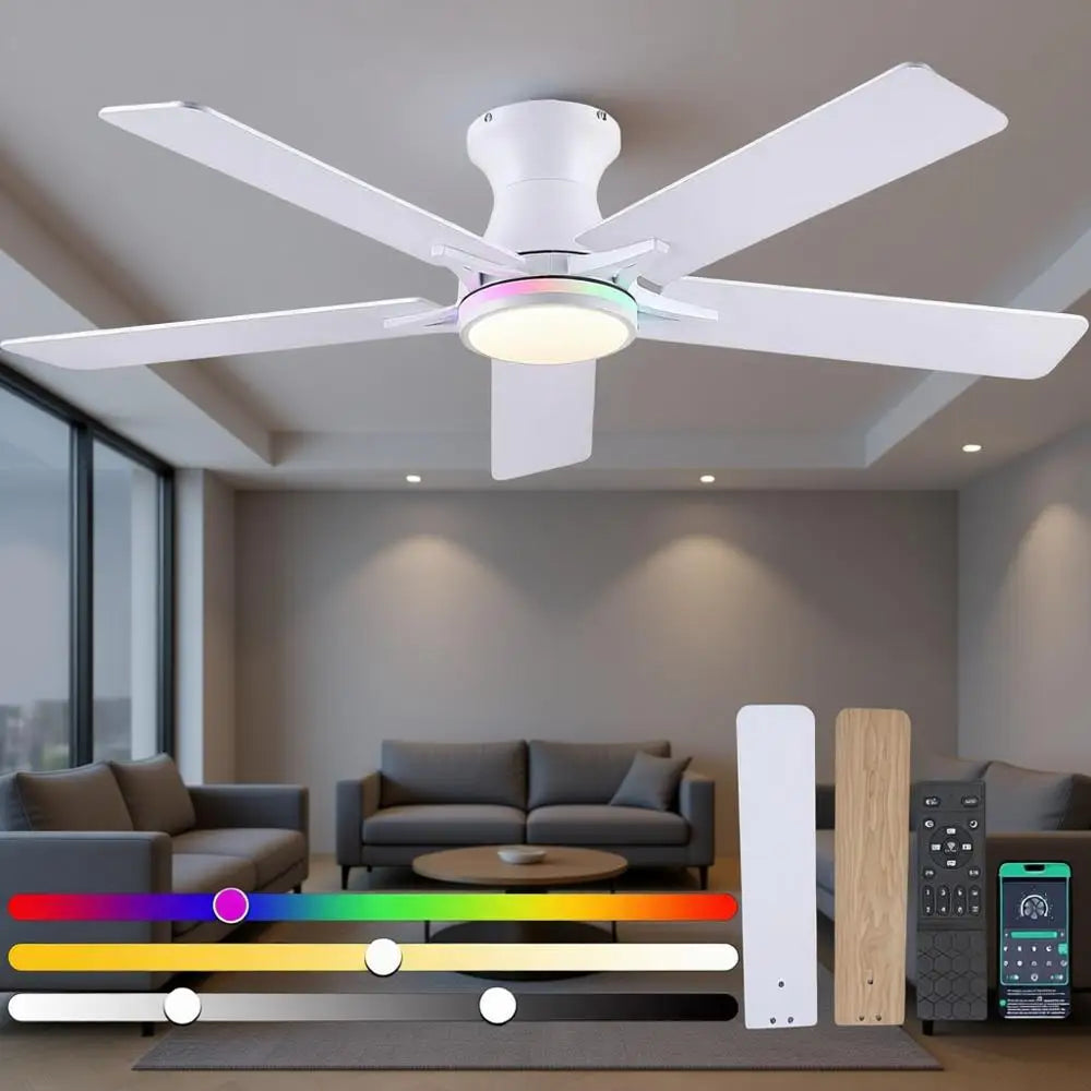 52 White Lush Mount Ceiling Fan with Quiet Reversible DC Motor, Dimmable LED Light with 3 Colors & 6 Speeds