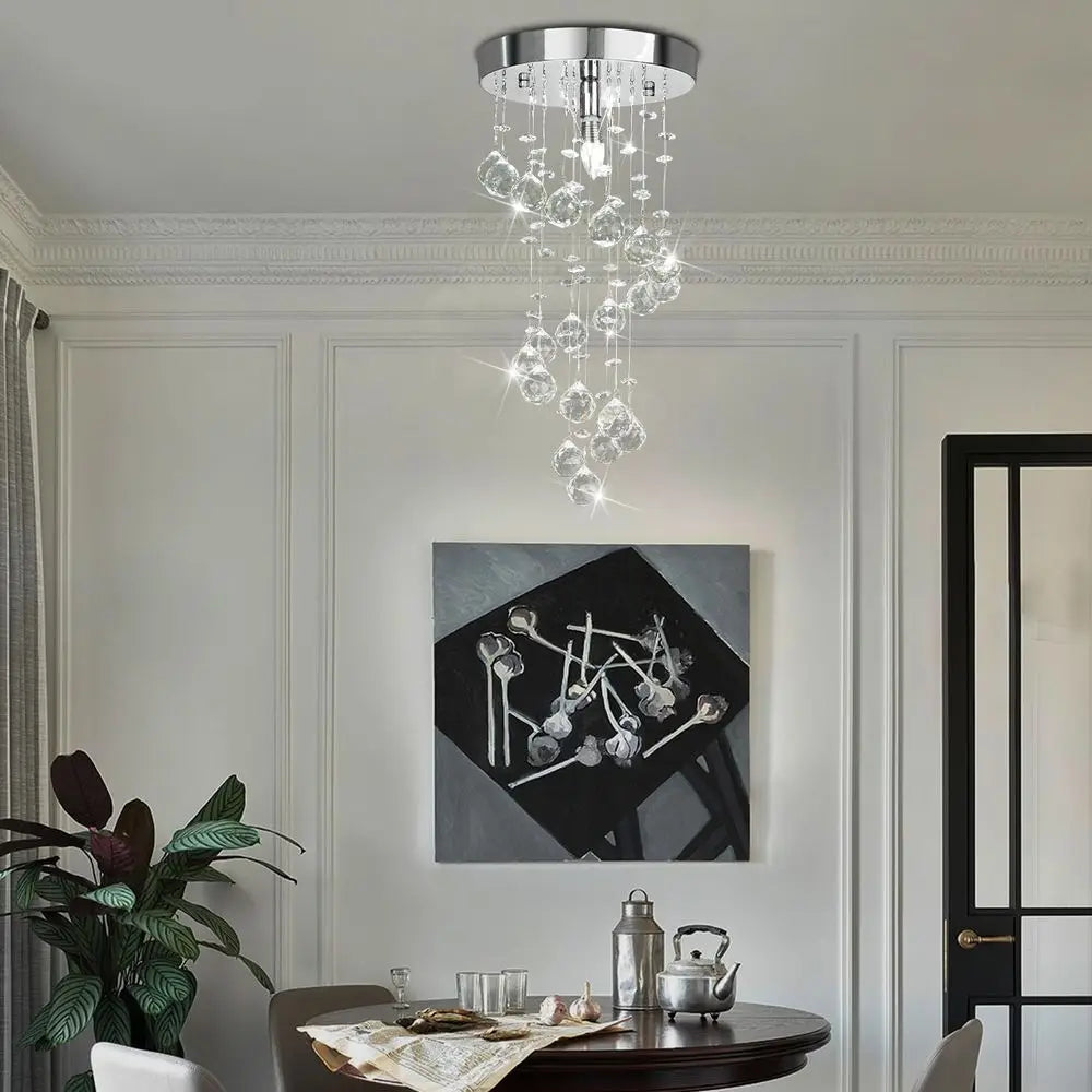 Elegant Spiral Lush Mount Raindrop Crystal Ball Pendant Ceiling Lamp Lighting Fixtures for Bedroom Hallway Living Room D8 x H15.