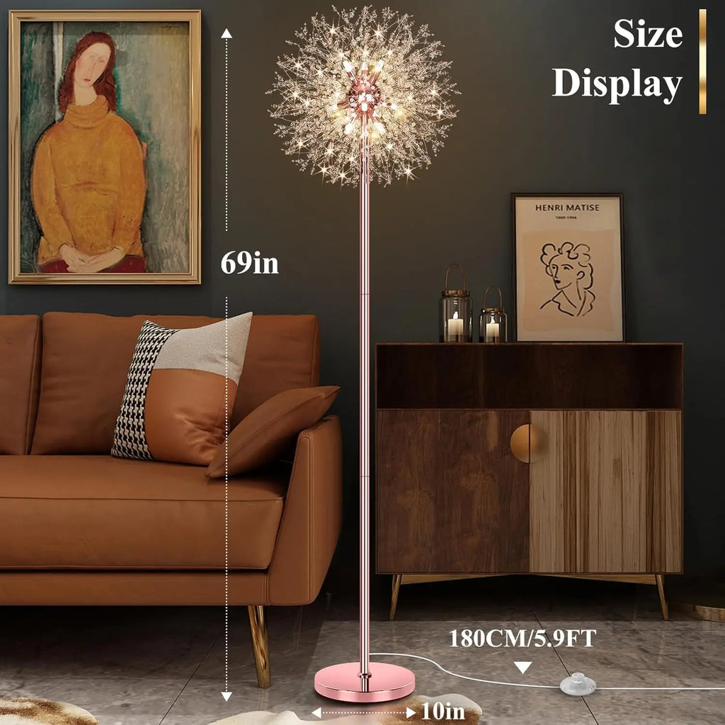 69'' Crystal Floor Lamp with 738 K9 Crystals, Modern Standing Light for Living Room, Rose Gold Finish, 9 LED Bulbs