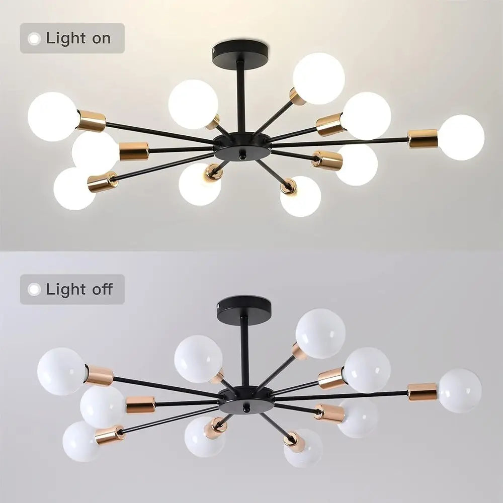 10-Light Semi Flush Mount Ceiling Light, Black and Gold Sputnik, Suitable for Bedroom, Kitchen, Living Room, Entryway, Laundry R