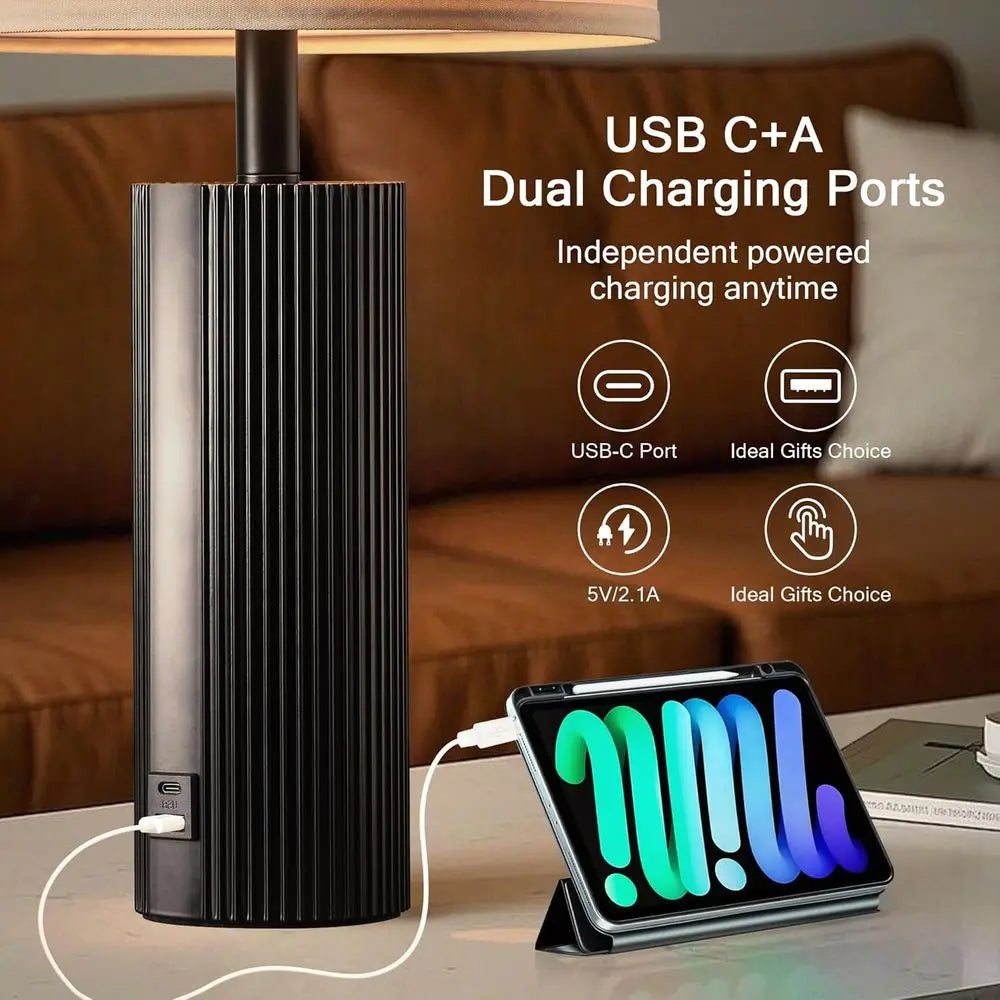 Pair of 24.5 Modern Table Lamps with USB & Charging Ports for Living Room, Stripe Touch Control, 2 Bulbs Included