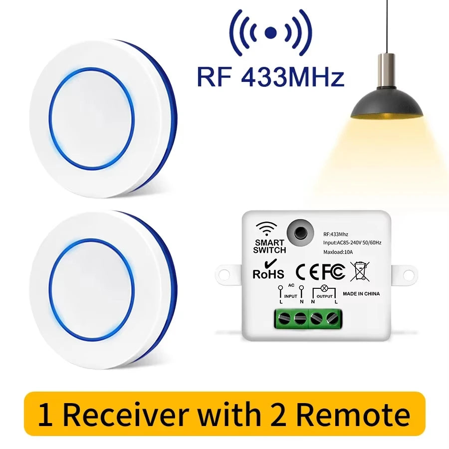 RF 433MHz Wireless Remote Control Light Switch 220V 110V 10A Relay Receiver Mini Round Button Wall Panel Switch For LED Lamp