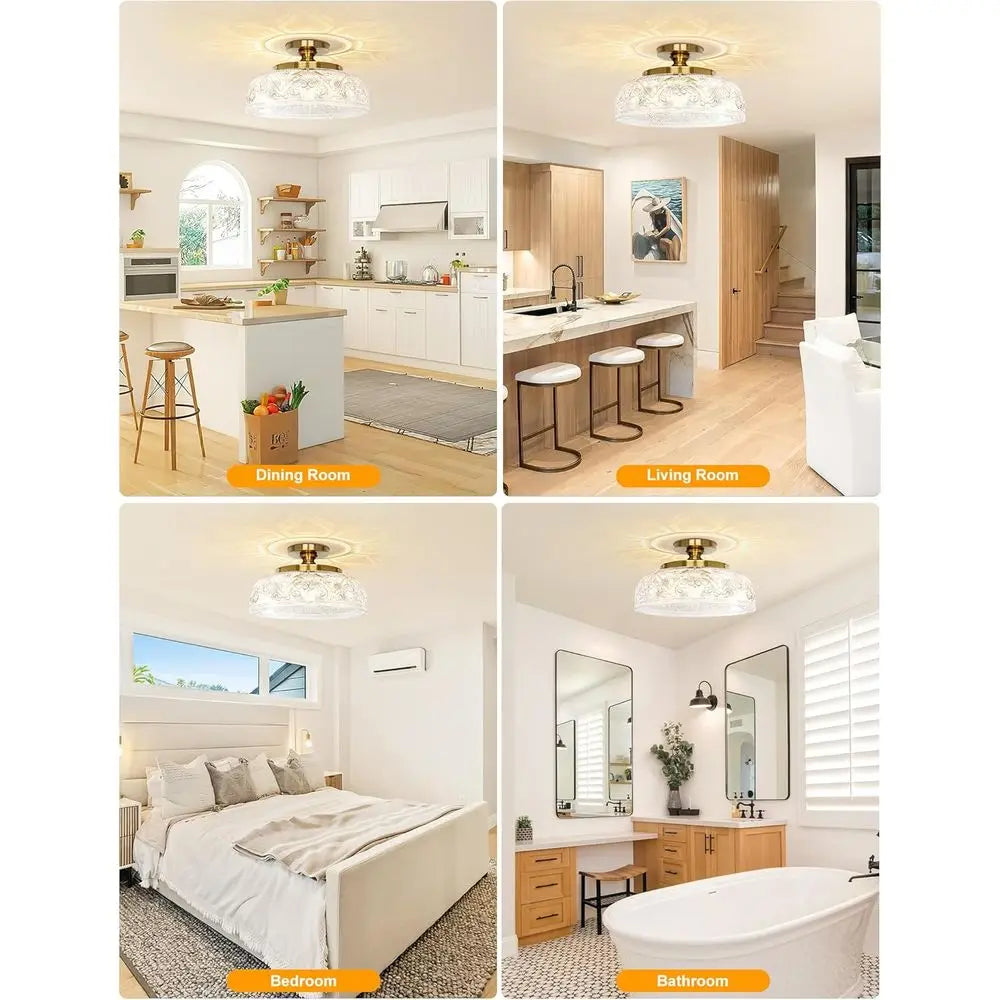 12 Inch Large Gold Ceiling Light Fixture, 3-Light Globe Glass for Kitchen, Bathroom, Hallway, Dining Room (Bulb Not Included)