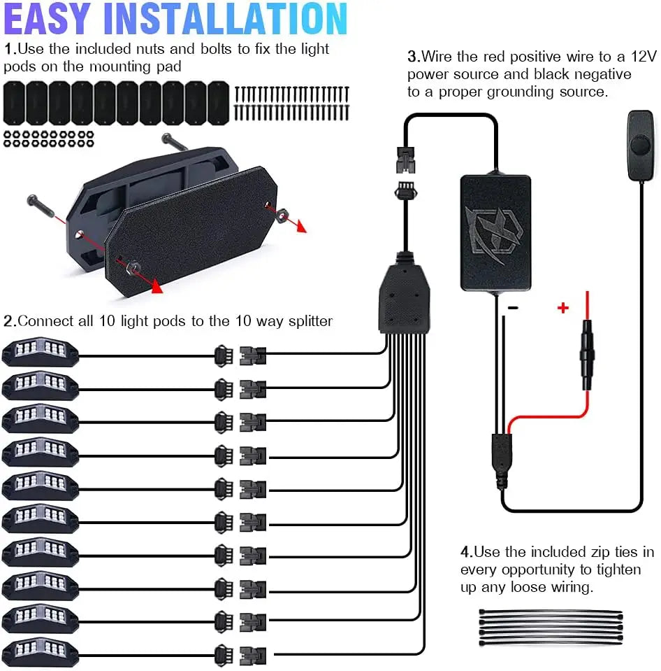 10-Pod RGB LED Rock Lights Kit with Bluetooth, Wireless Remote for Off-Road Vehicles