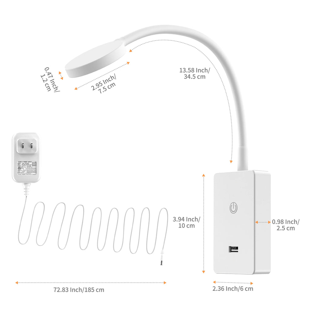 Touch Dimmable LED Bedside Wall Mounted Reading Lamp for Bedroom Nightstand, 4 Brightness Levels, 120° Wide Angle Lighting