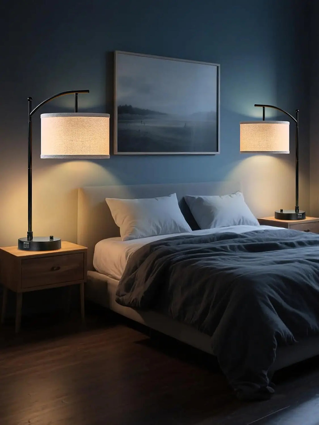 Modern Table Lamp Set of 2 with USB C+A Ports, Dimmable LED Bulbs, Linen Shade for Living Room Bedroom