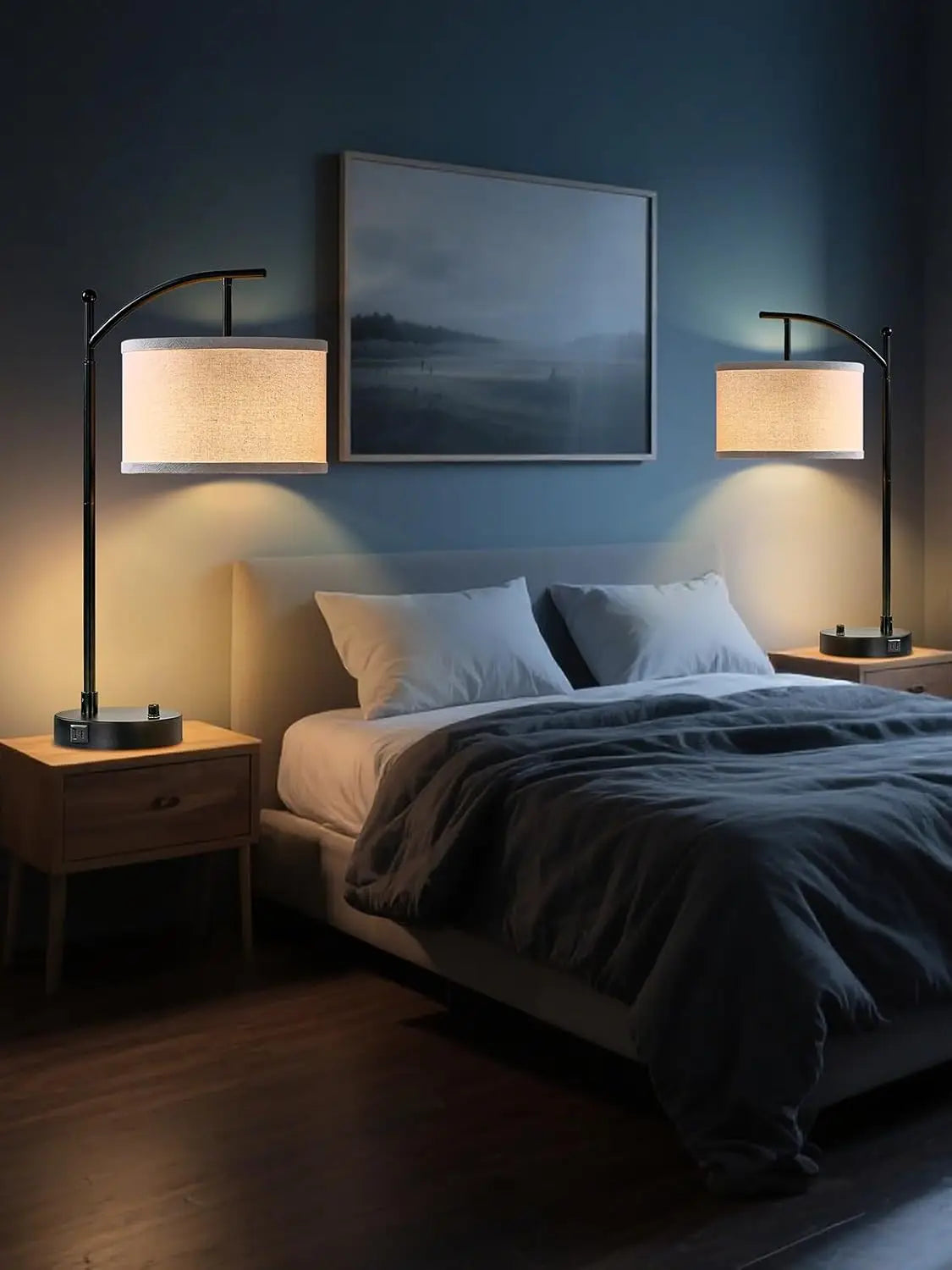 Modern Table Lamp Set of 2 with USB C+A Ports, Dimmable LED Bulbs, Linen Shade for Living Room Bedroom