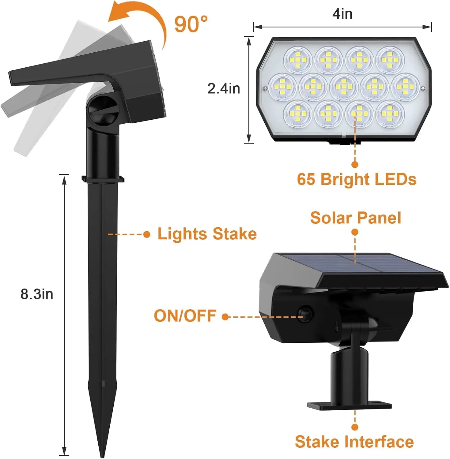 6-Pack Solar Spot Lights, 65 LED Outdoor Landscape Lighting with 3 Modes, IP68 Waterproof for Garden Walkway Driveway