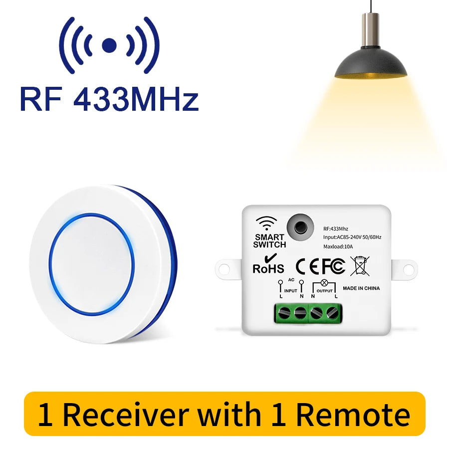 RF 433MHz Wireless Light Switch Mini Round Button Wall Panel Switch Remote Control 220V 110V 10A Relay Controller For LED Lamp