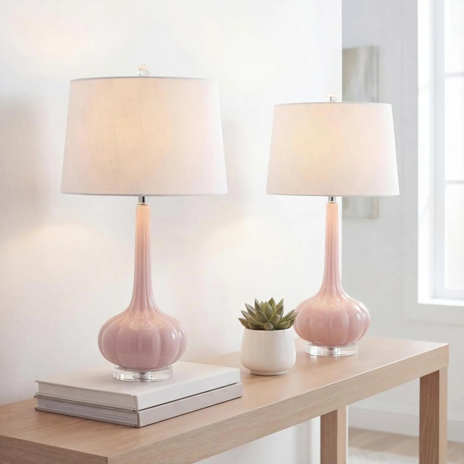 Set of 2 Pink Teardrop Glass LED Table Lamps, 28.5" Contemporary Bedside Desk Lamp for Bedroom Living Room Office