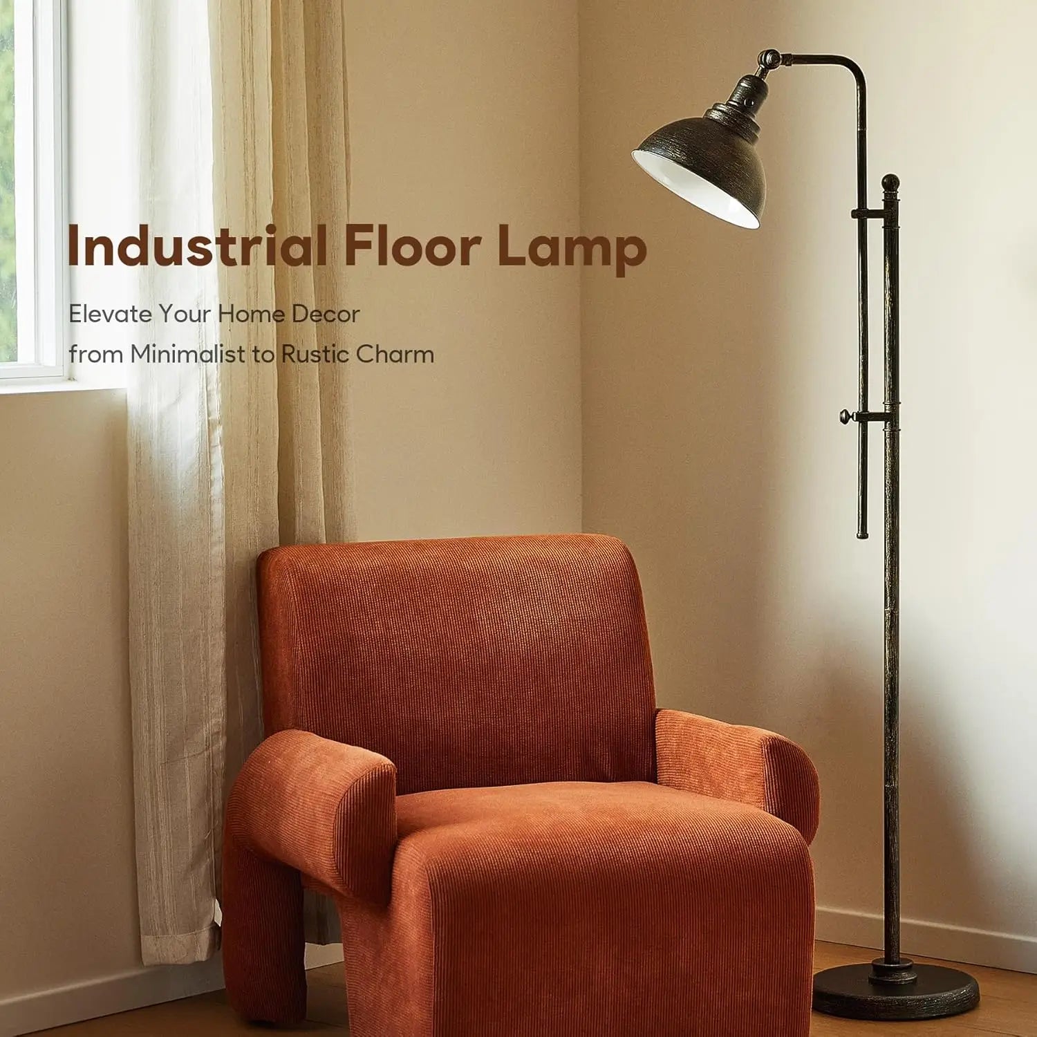 65'' Adjustable Vintage Industrial Floor Lamp for Living Room, Bedroom & Office, ETL Certified