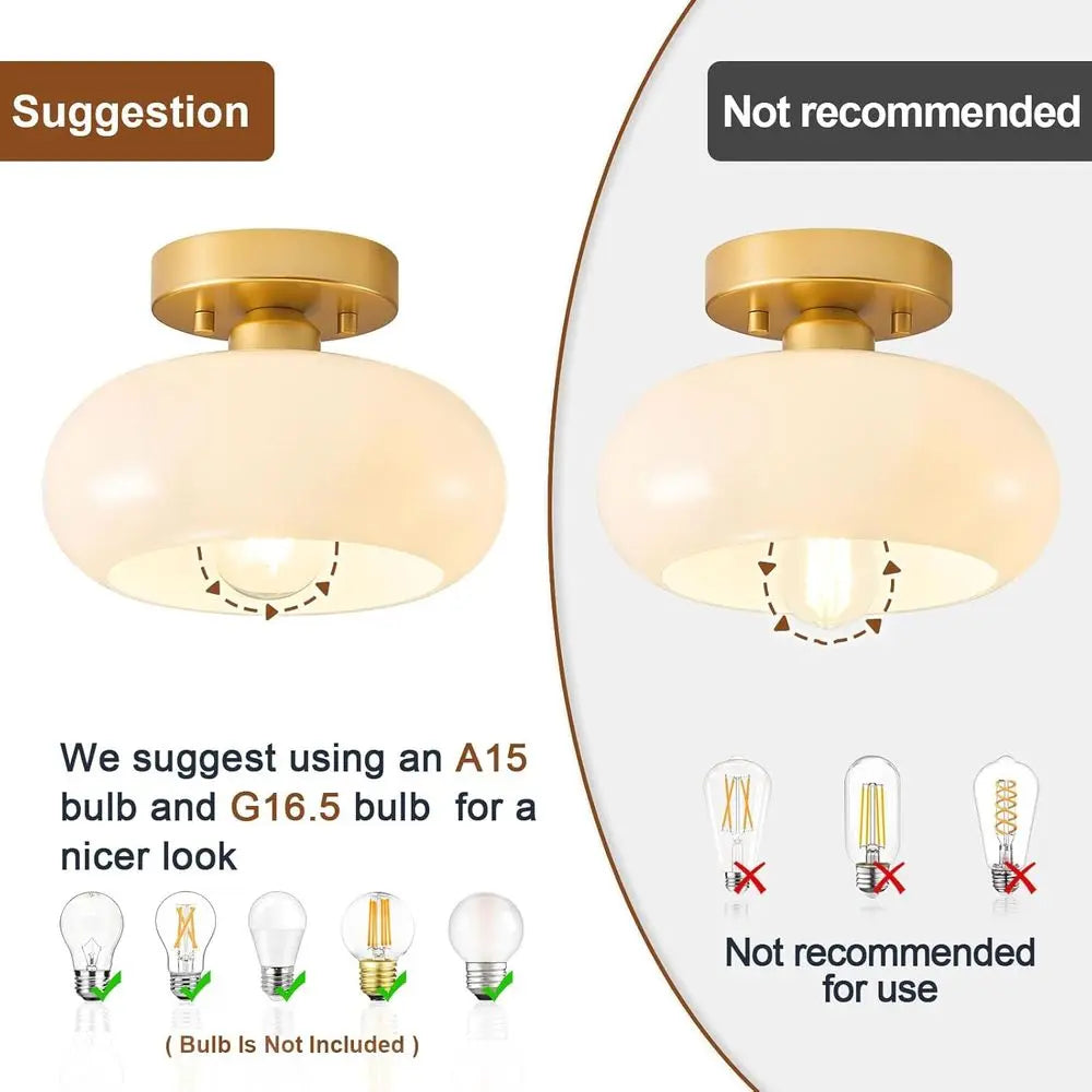 Gold Semi Flush Mount Ceiling Light with Glass Shade, Mini White Close to Ceiling Lamp or Entryway Hallway Bathroom (8.66 Inch)