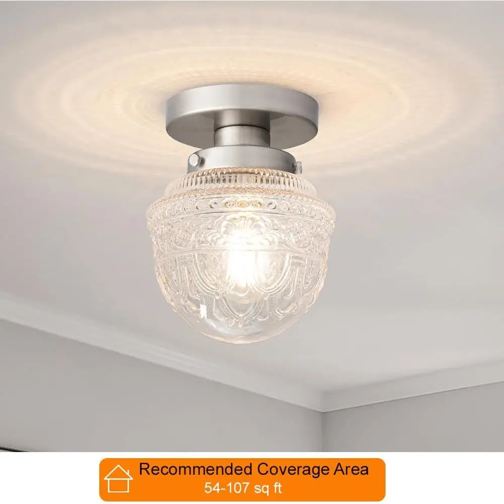 Brushed Nickel Semi Flush Mount Ceiling Light, Small Blowing Clear Glass Shade Fixtures for Bedroom, Closet, Bathroom, Hallway,