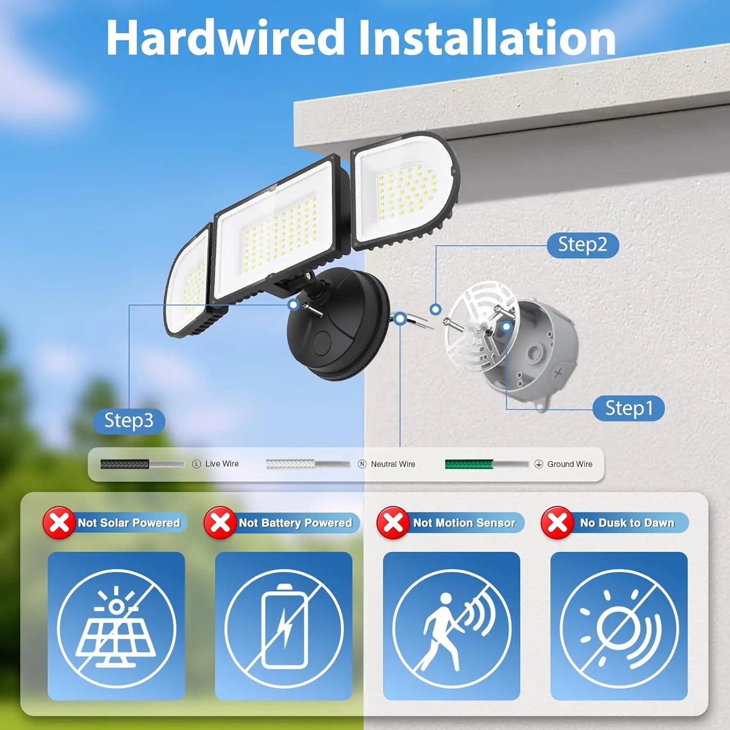 150W LED Flood Light Outdoor Waterproof IP65, 3 Adjustable Heads, 15000LM Super Bright Security Lighting for House Backyard