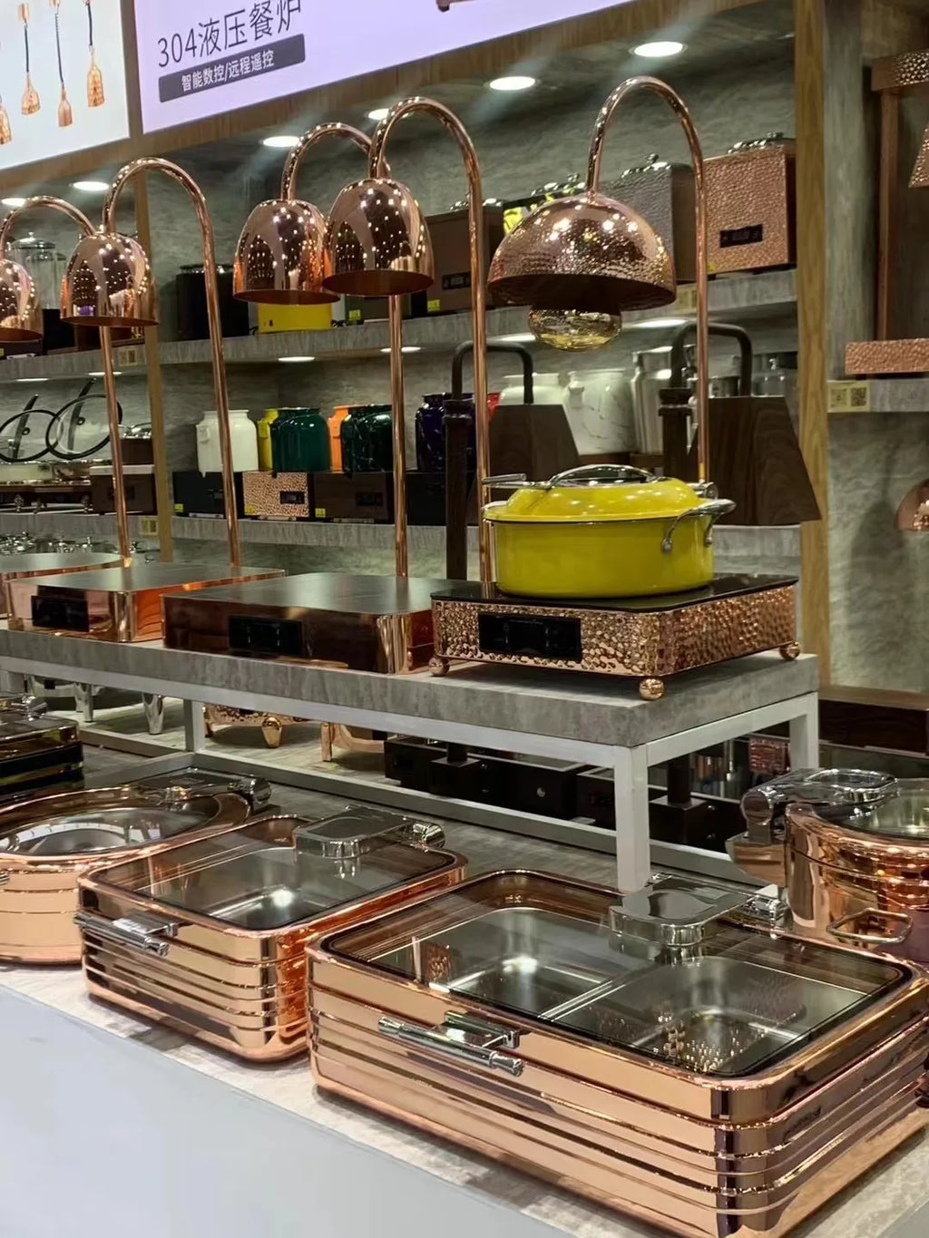 Commercial Rose Gold Stainless Steel Double Heads Food Heat Lamp Digital Control Electric Food Warming Plate for Buffet