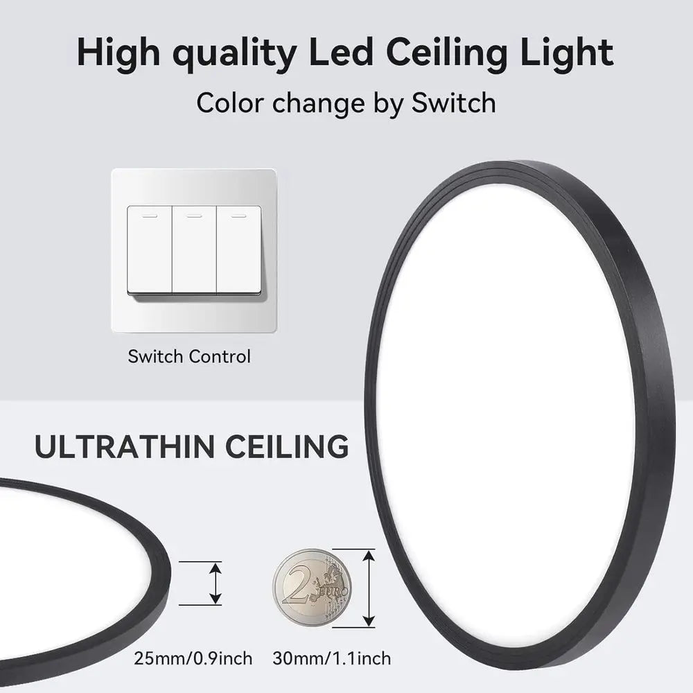 12 Inch 3200LM LED Ceiling Lights, Black 28W Slim Ceiling Light Fixture Round Day White 6000K Thin Round Flat Ceiling Light 120V