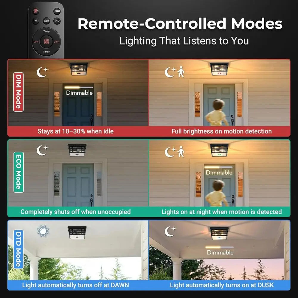 Motion Sensor Outdoor Ceiling Light with Remote Control, Black Porch Lighting with Seed Glass, Outside Mount Lights or Garage, E