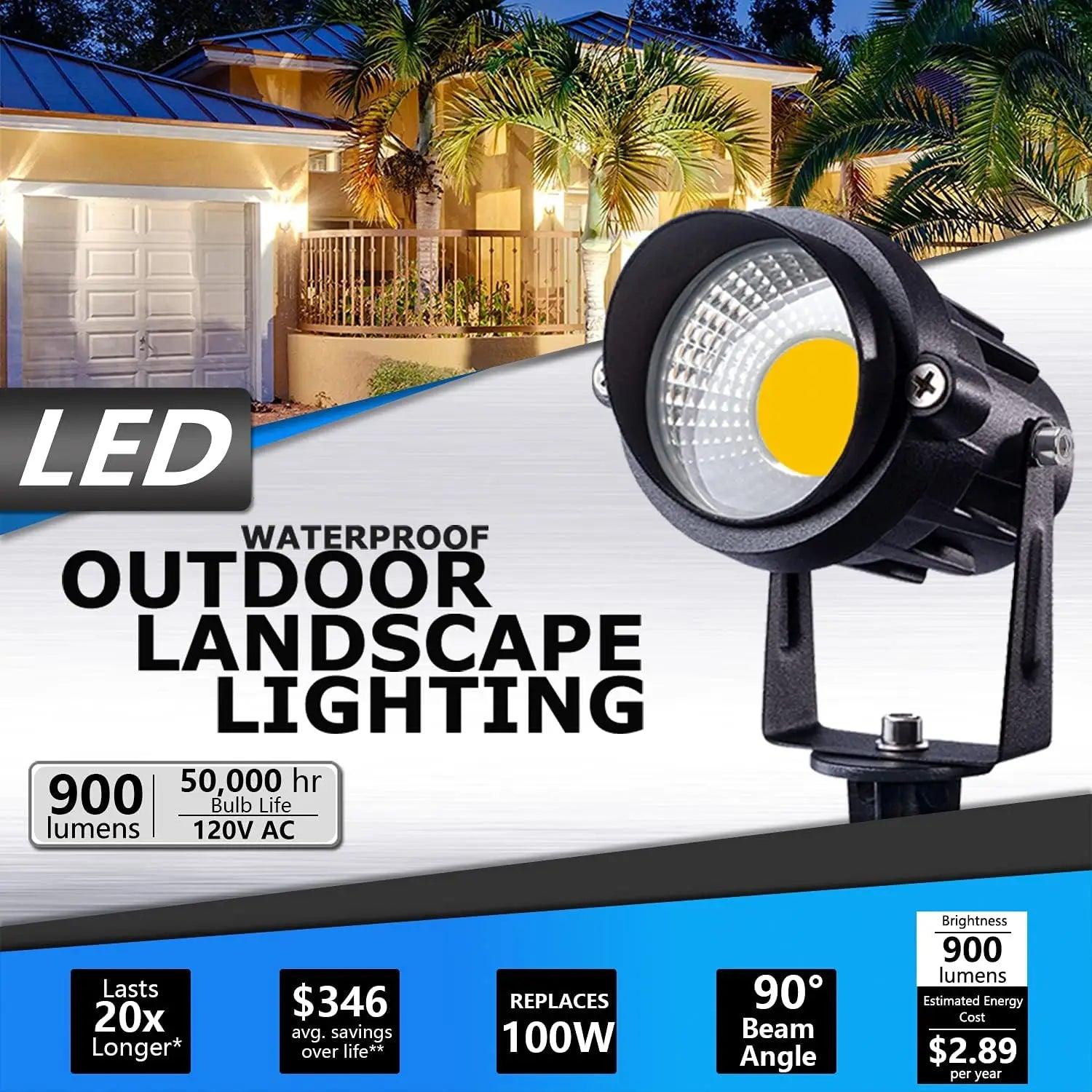 12W LED Outdoor Spotlight Waterproof Landscape Lighting Warm White Garden Lamp with US Plug (6 Pack)