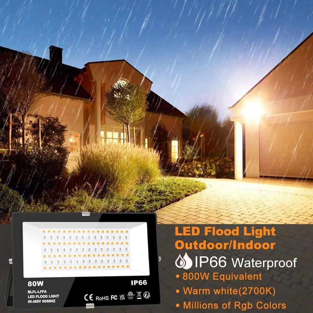Smart RGB LED Flood Light 800W Equivalent 8000LM with APP Control, IP66 Waterproof, Timing Function (2 Pack)