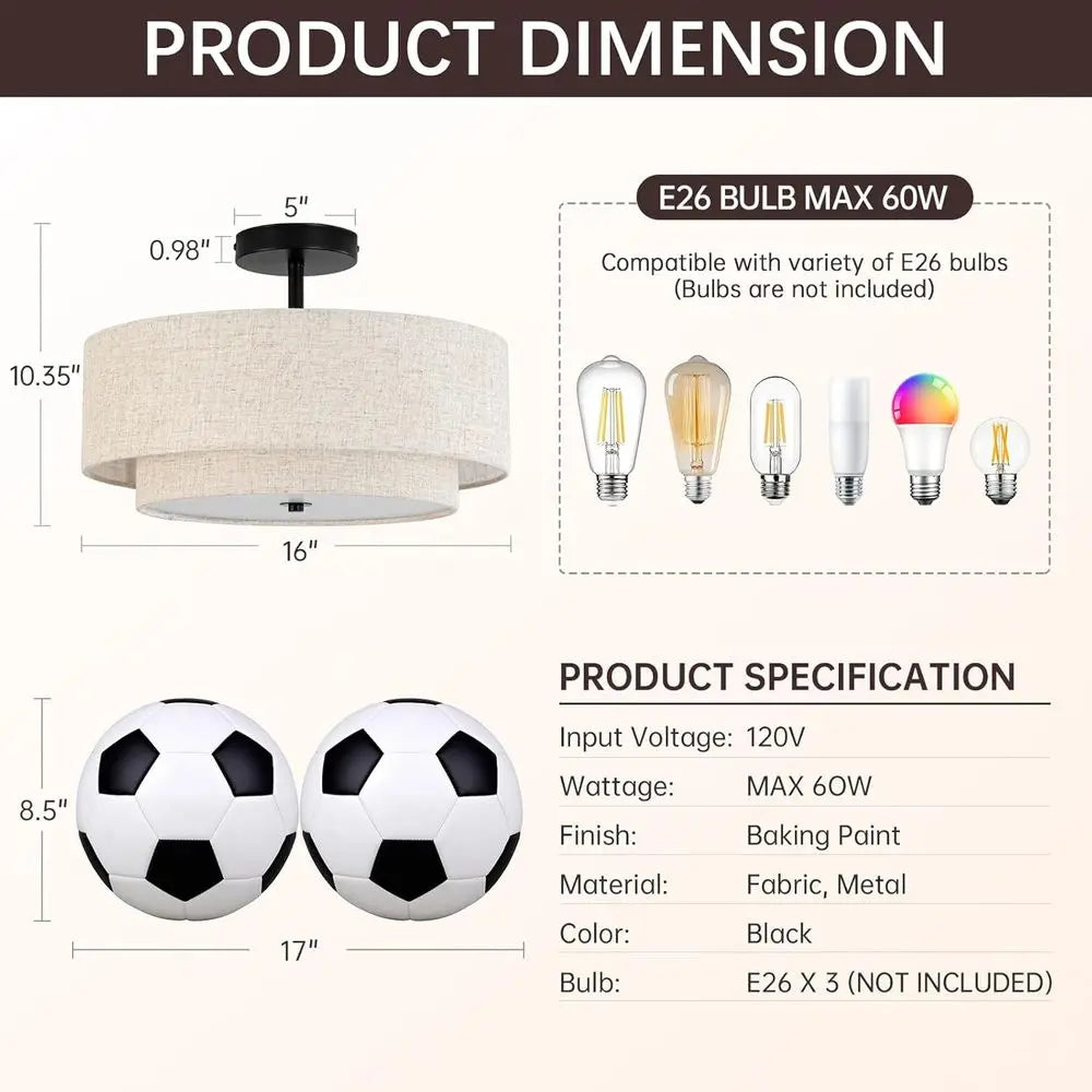 3-Light Drum Ceiling Light with 2-Tier Fabric Linen Shade for Chandelier or Dining Room, Living Room, Bedroom, Kitchen, Hallway,
