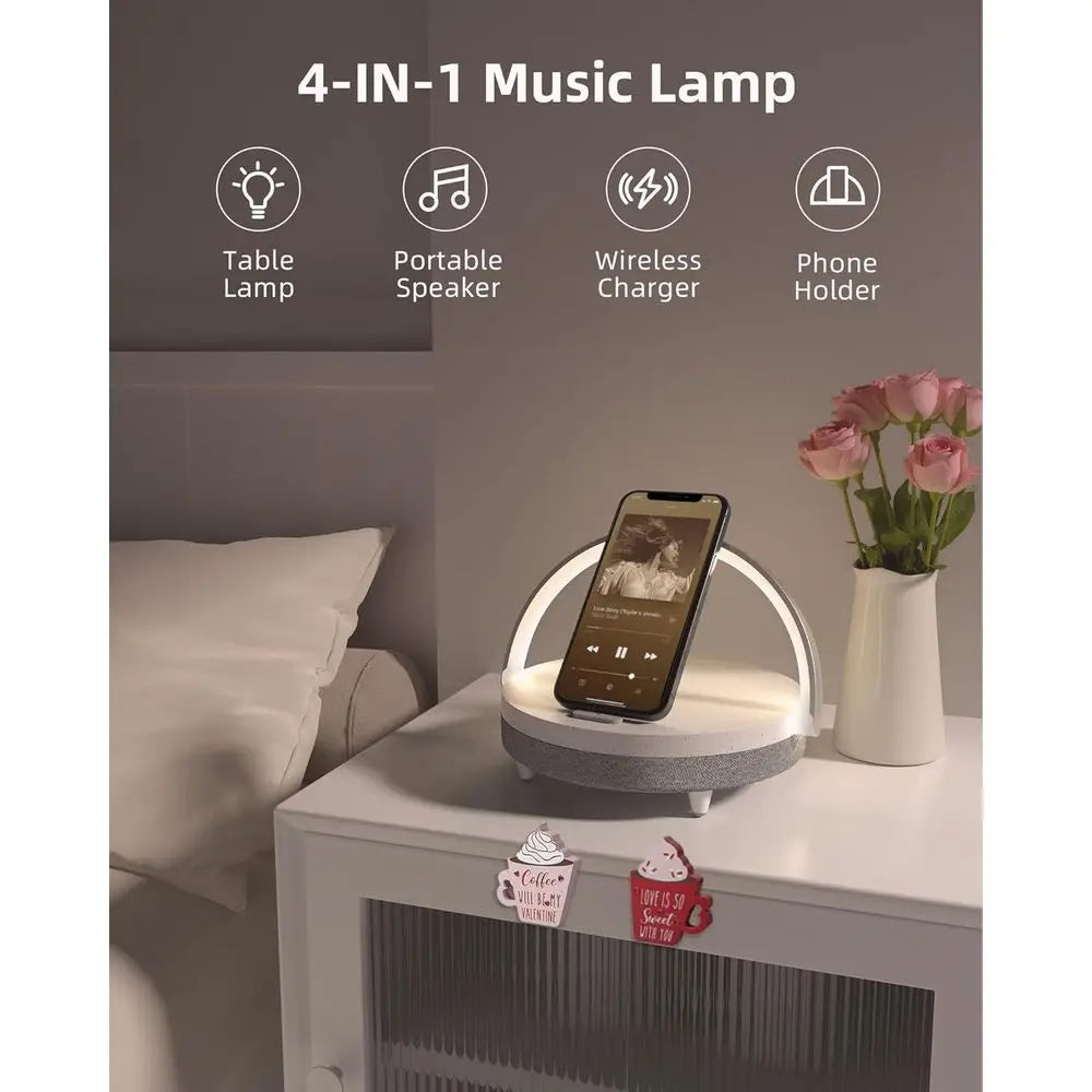 4-in-1 Multifunction Bluetooth Speaker: Bedside Lamp, Wireless Charging, Dimmable Night Light, Phone Holder - Perfect for Birthd