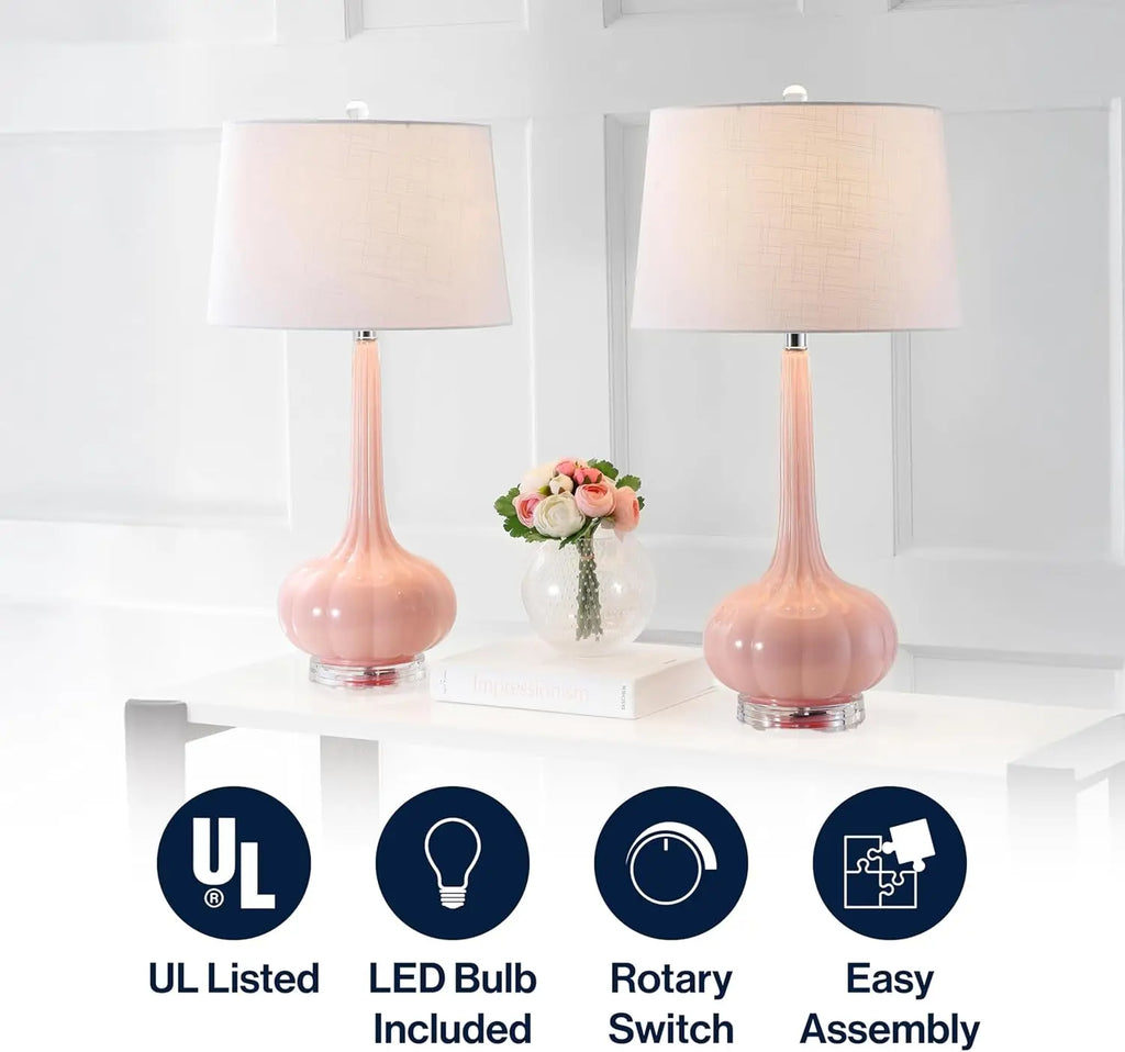 Set of 2 Pink Teardrop Glass LED Table Lamps, 28.5" Contemporary Bedside Desk Lamp for Bedroom Living Room Office
