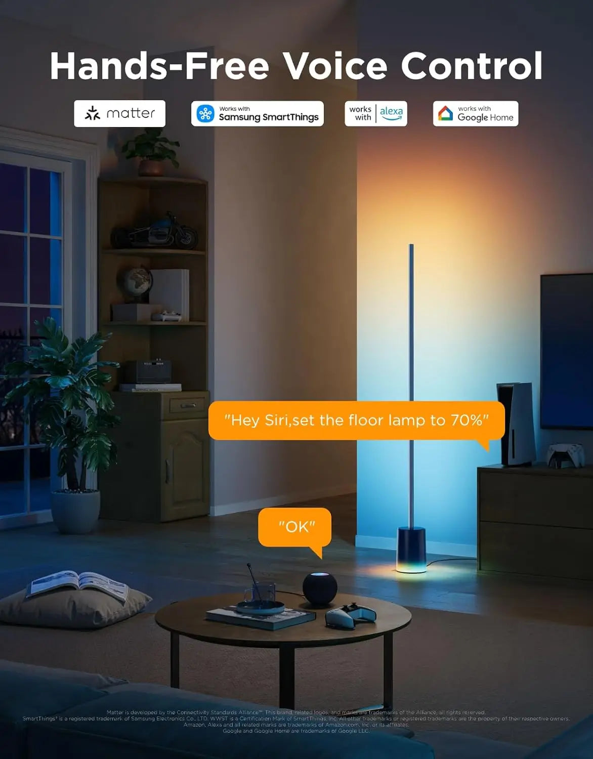 Smart RGBIC Floor Lamp with Voice Control, Music Sync, and Scene Modes for Living Room or Bedroom