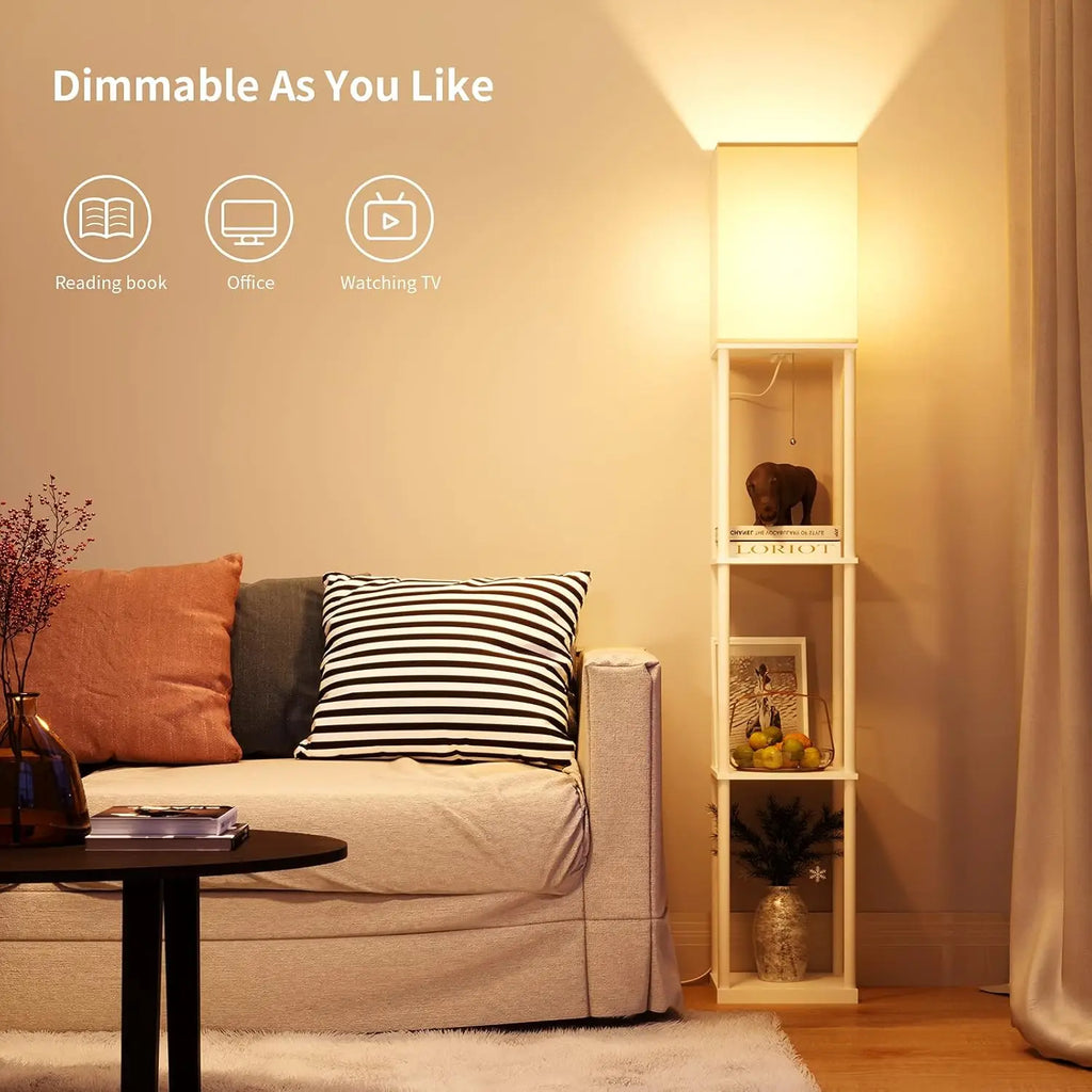 Modern Square Shelf Floor Lamp with Dimmable LED Bulb, White Shade for Living Room and Bedroom