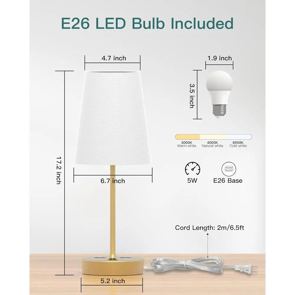 3-Way Dimmable Table Lamp with AC Outlet & USB C Charging Ports, Ideal for Bedroom, Living Room, Desk, and Home Office