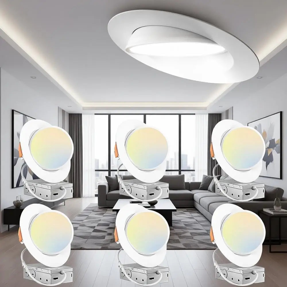 6 Pack 6 Inch 5CCT Gimbal LED Recessed Lighting, 360°&90° Adjustable Eyeball Directional Downlight, Dimmable, 2700K/3000K/3500K/