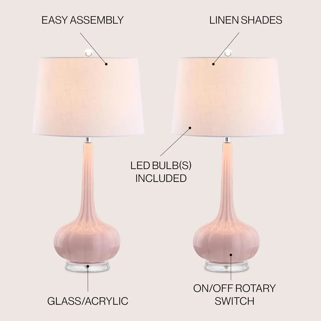 Set of 2 Pink Teardrop Glass LED Table Lamps, 28.5" Contemporary Bedside Desk Lamp for Bedroom Living Room Office
