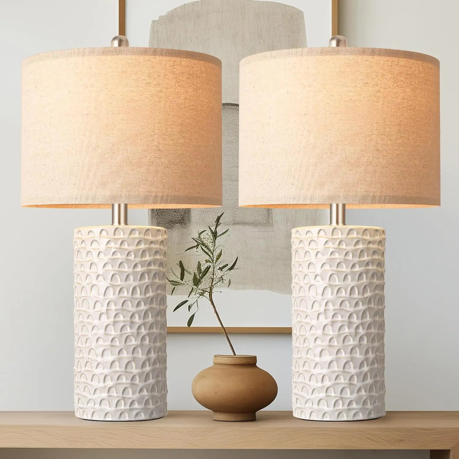 Modern Ceramic Table Lamp Set of 2, Rustic Farmhouse Nightstand Lamps for Living Room Bedroom Home Decor in White Beige