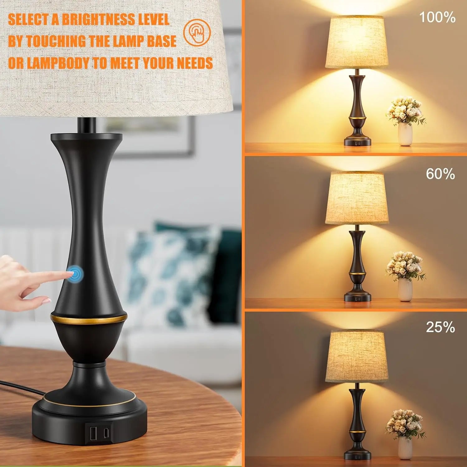 Touch Control Dimmable Bedside Lamps Set of 2 with USB C+A Ports, LED Bulbs Included for Bedroom Living Room