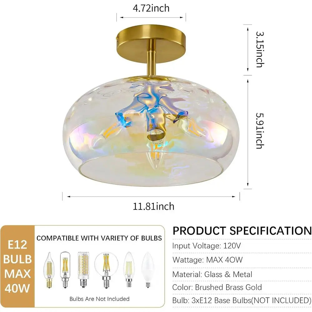 12 Inch Rainbow Hammered Glass Ceiling Light Fixtures for Hallway, Bedroom, Entryway, Kitchen