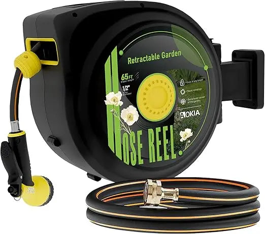 Retractable Garden Hose Reel, 65 ft x 1/2 inch Garden Hose with Auto Return System, Retractable Water Hose with 180°Swivel