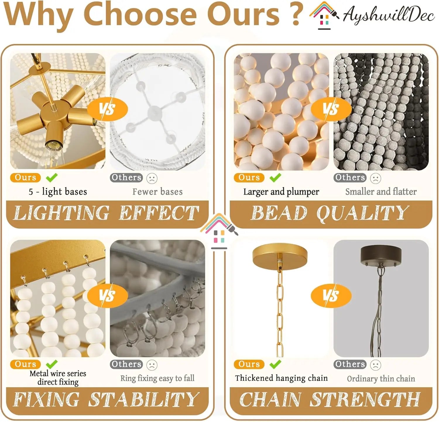 Boho Wood Beaded Chandelier with 5 Lights in Gold and Oak Finish for Dining, Living, Bedroom