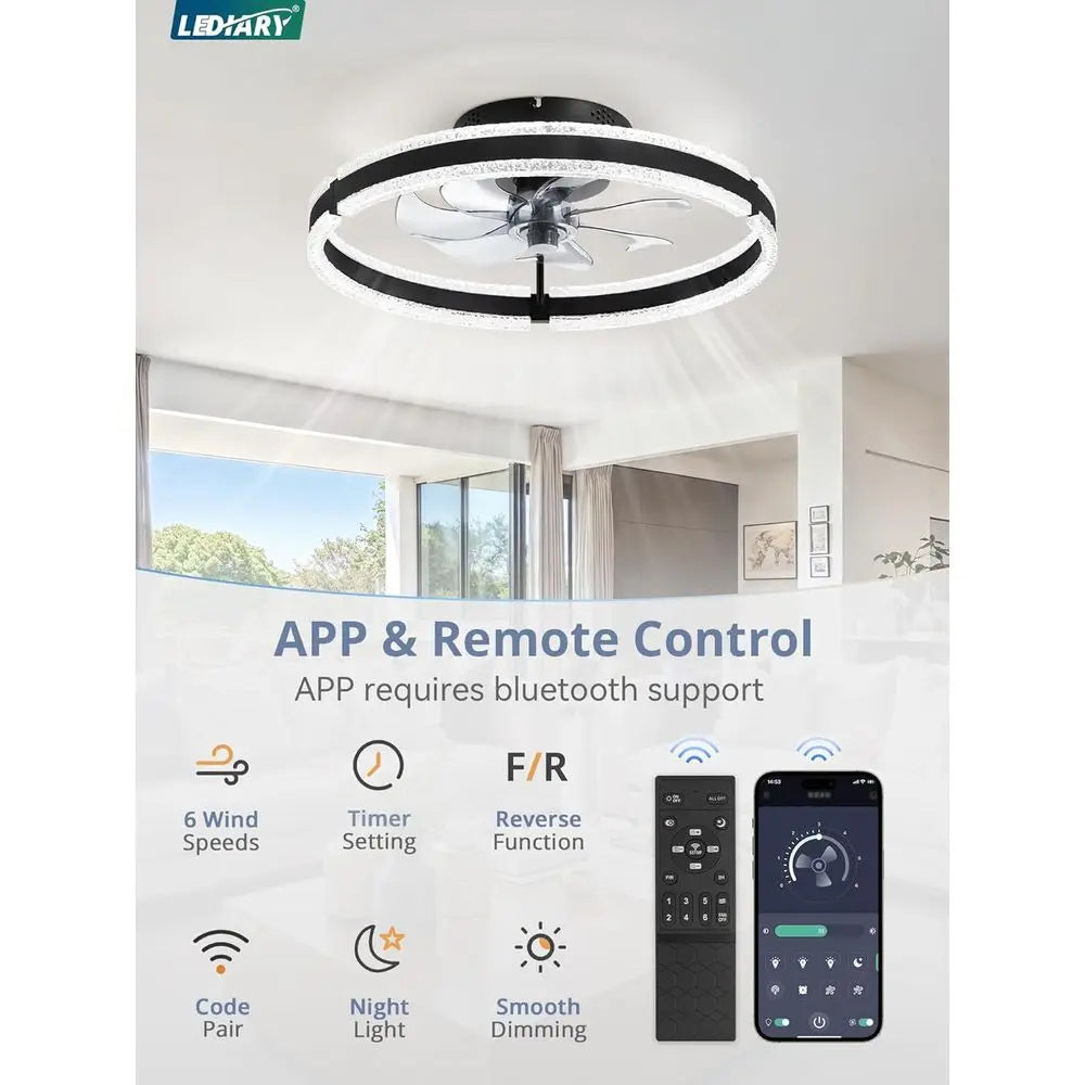 20'' Low Profile Ceiling Fan with Light, 3000-6000K Dimmable, 6 Wind Speeds - Black