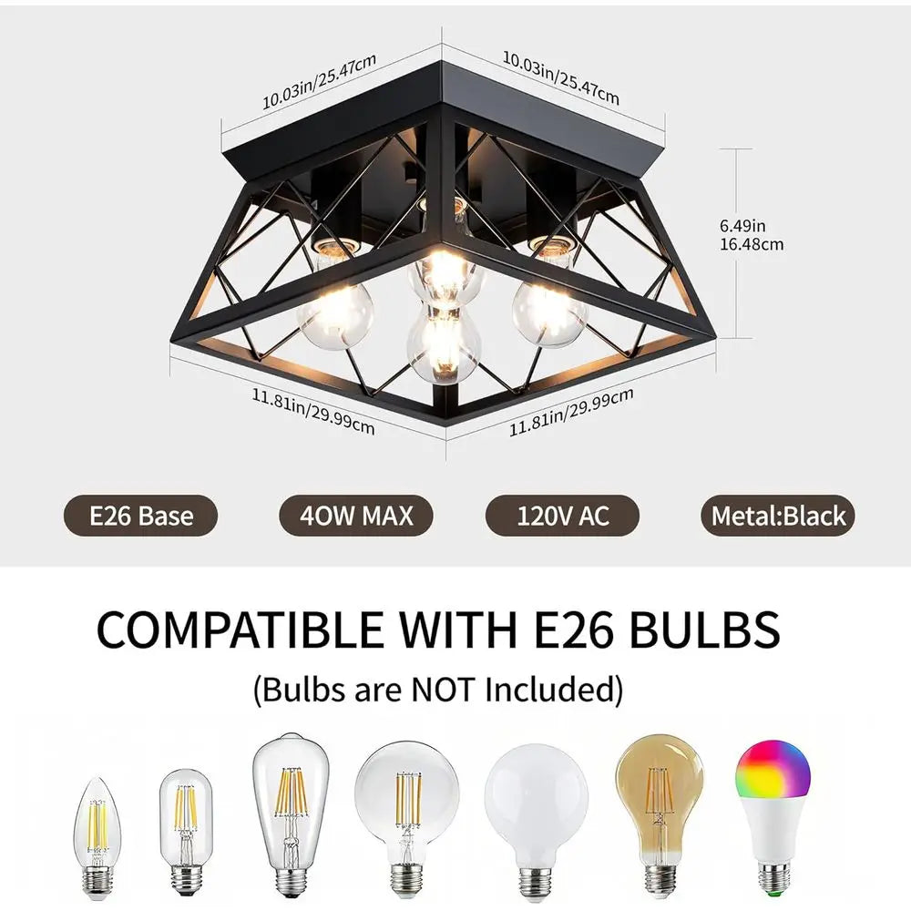 4-Lights Black Industrial Ceiling Fixture for Dining Room, Kitchen, Living Room, Hallway, Entry, Laundry - E26 Base (No Bulb)