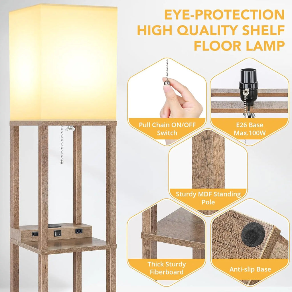 Modern Shelf Floor Lamp with Wireless Charging, USB Ports, and Outlets for Bedroom Storage