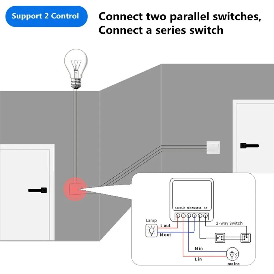 16A WiFi Smart Switch 2-Way DIY Light Switch Module Voice Control Tuya Smart Life Alexa Google Home for Smart Home Automation