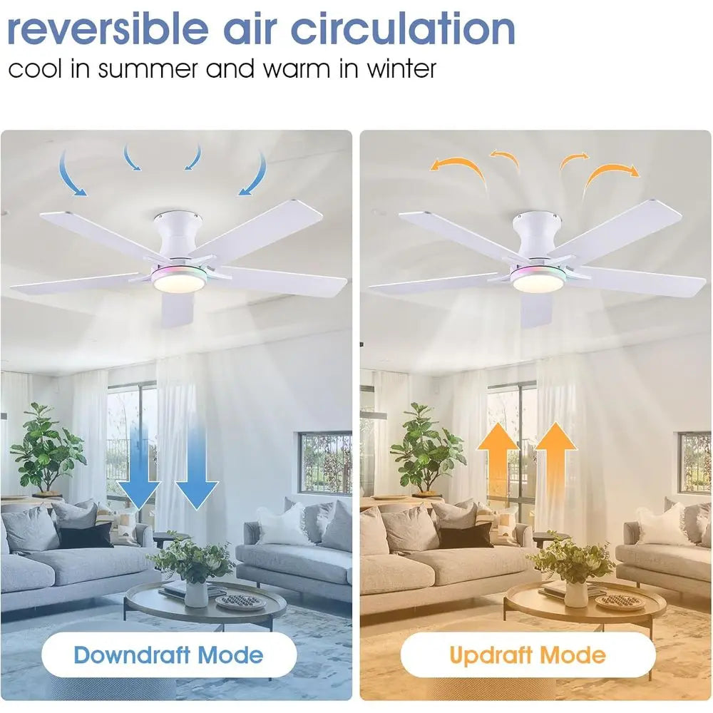 52 White Lush Mount Ceiling Fan with Quiet Reversible DC Motor, Dimmable LED Light with 3 Colors & 6 Speeds