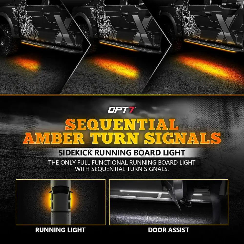 Sidekick 78" Running Board Lights 2PCS LED Strips w/Sequential Amber Turn Signal, DRL, White Courtesy Light or Extended Crew Cab
