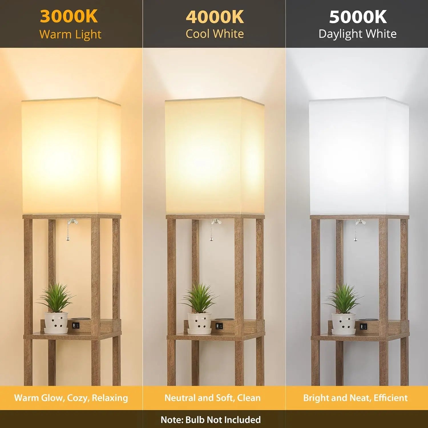 Modern Shelf Floor Lamp with Wireless Charging, USB Ports, and Outlets for Bedroom Storage