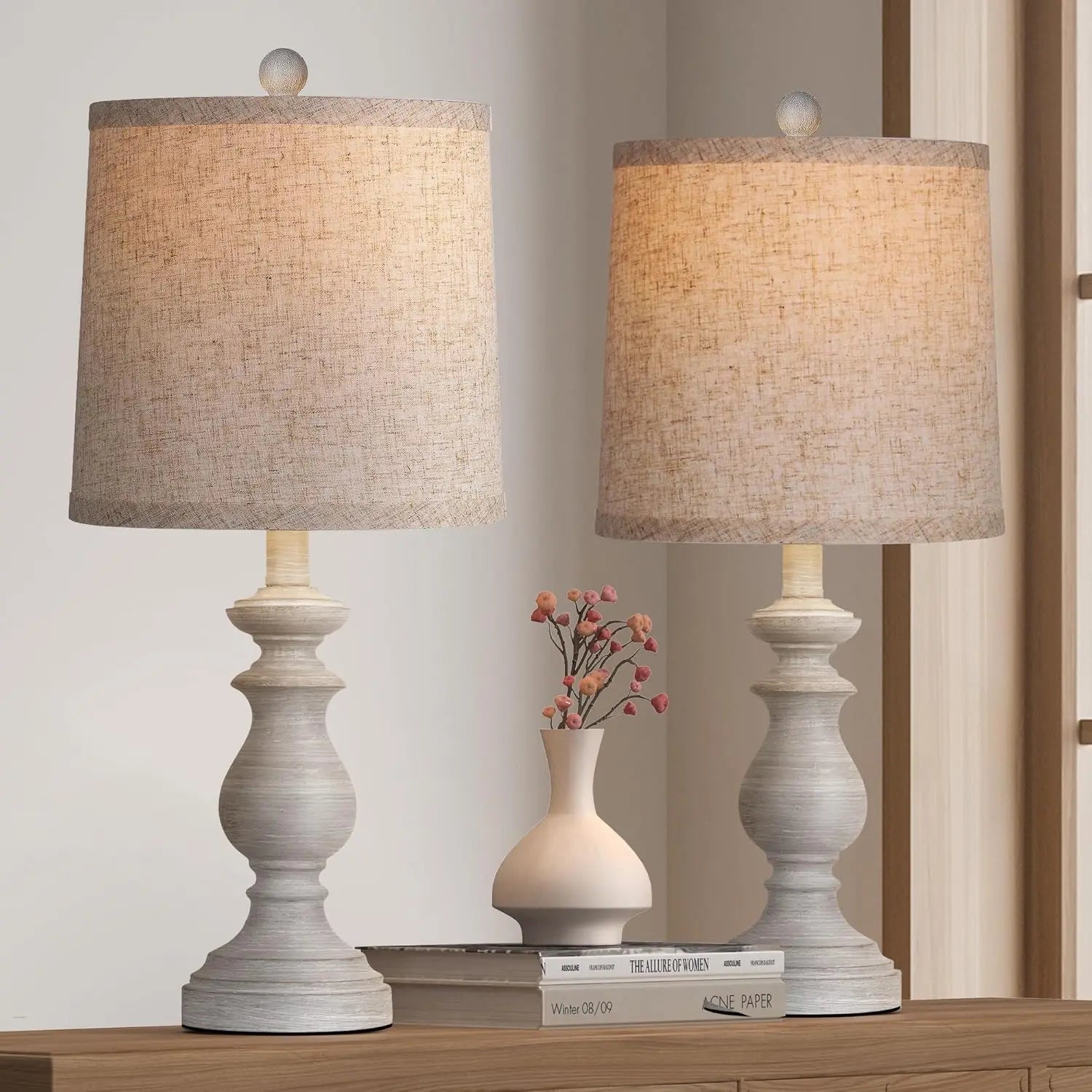 Set of 2 Rustic Farmhouse Table Lamps, Antique Grey with Linen Shades for Living Room Bedroom, 22" Vintage Nightstand Desk Lamps