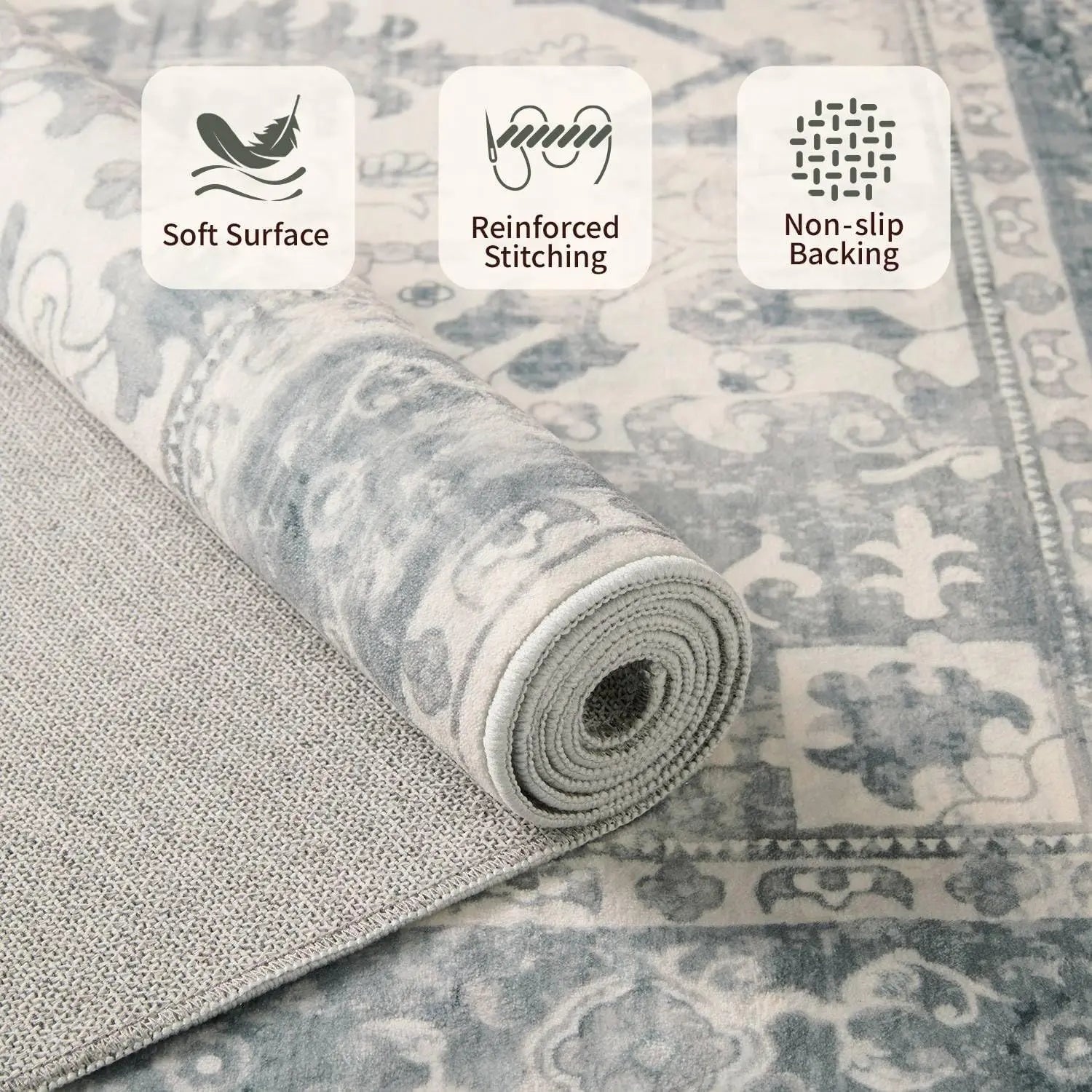 8x10 Washable Vintage Boho Rug, Non-Slip Low Pile for Living Room, Office, Kids Room in Light Blue Grey