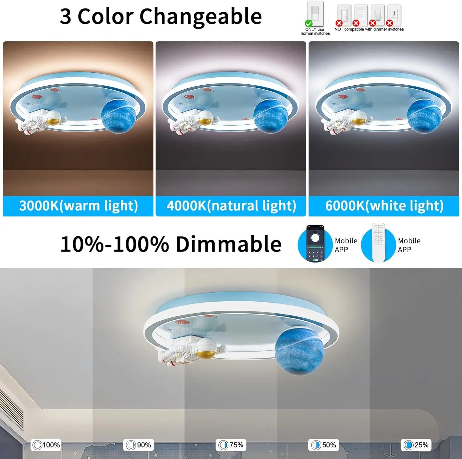 Dimmable Astronaut Ceiling Light with Remote, 20" LED Kids Bedroom Fixture for Kitchen Nursery
